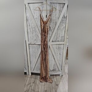 Elegant Rose Gold Nude Pink Sequin Shimmer Gown Dress XS/SM Floor Length & Slit